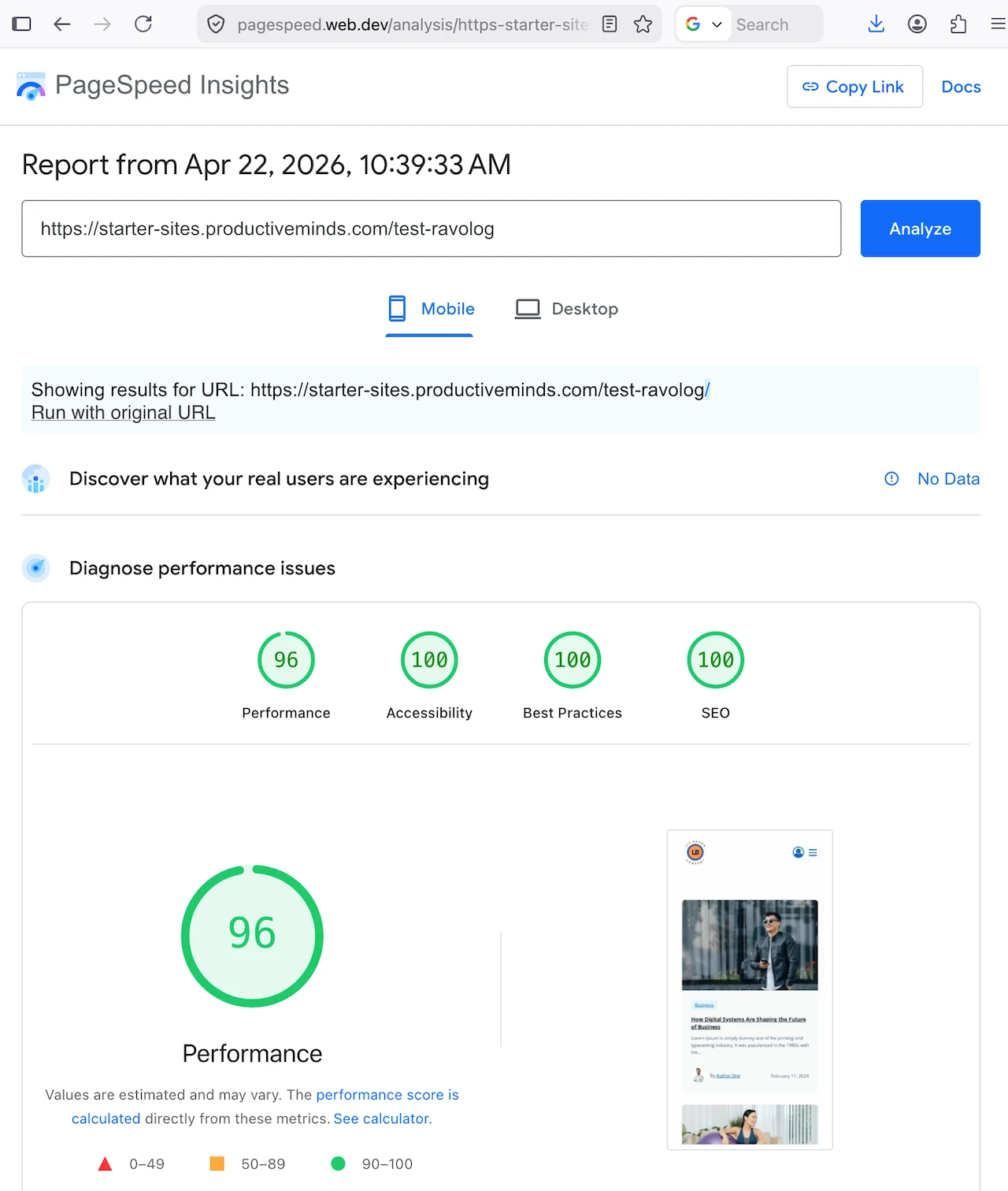 Ravolog Theme Mobile Performance (96%)